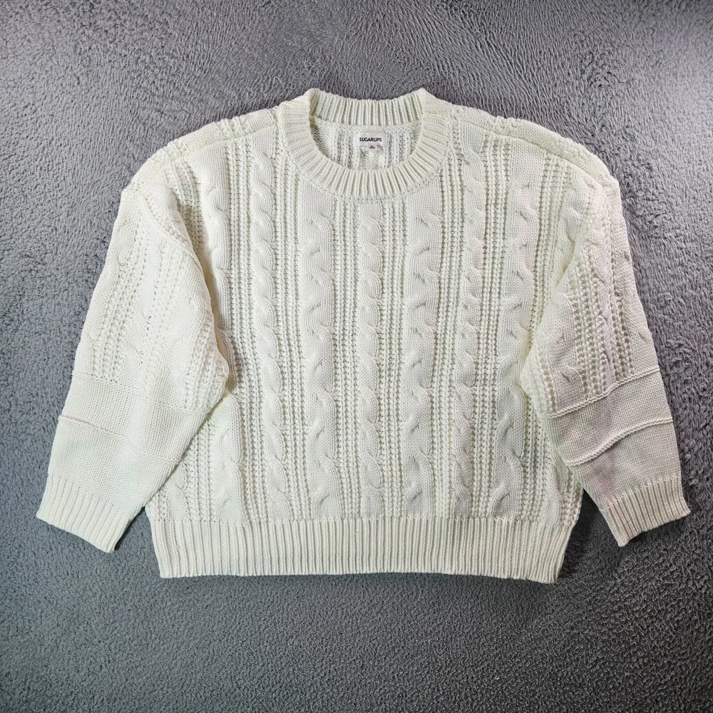 NWOT Sugarlips Sweater Women‎ XL Crew Neck Cable Knit White Preppy